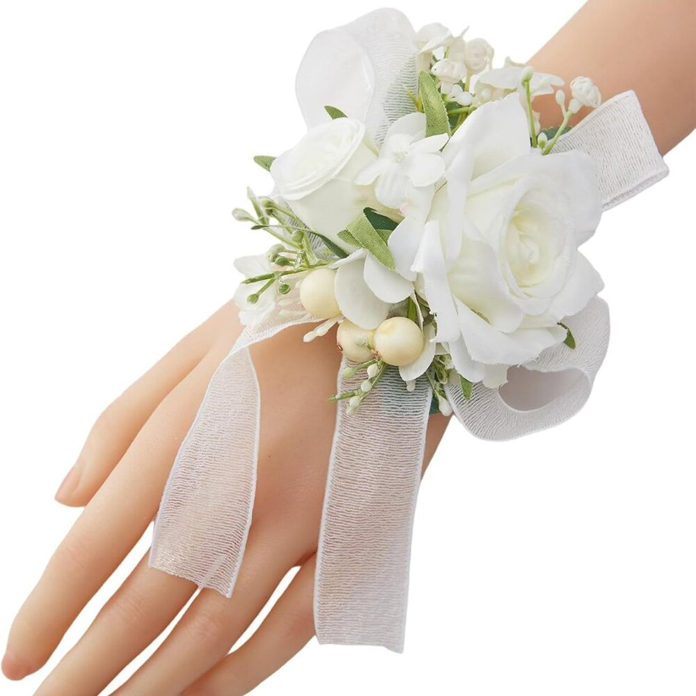 ✨ White Rose Wrist Corsages – Set of 6 (Bridal/Prom)